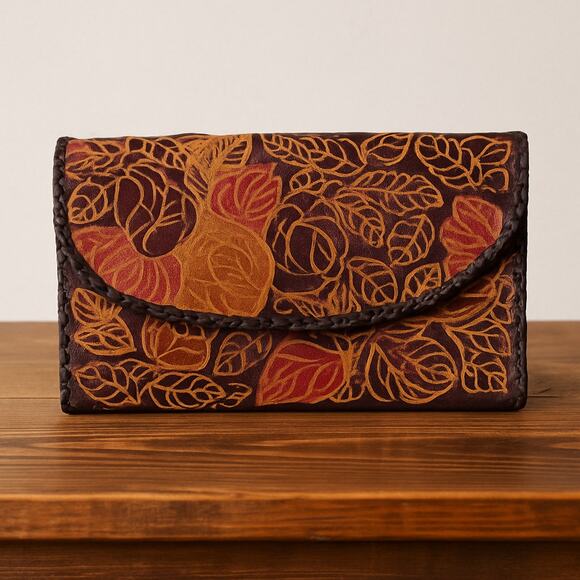 Boho mutli color tooled leather whipstitched clutch - Picture 1 of 4